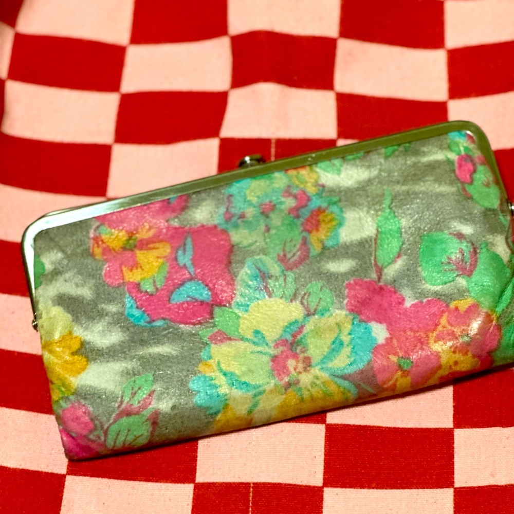 HOBO Floral Satin Clutch Wallet in Silver, Pink, Yellow, Green, Blue